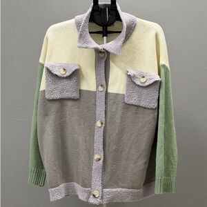Pink Lily Colorblock Fuzzy Collared Button Front Cardigan Sweater XL